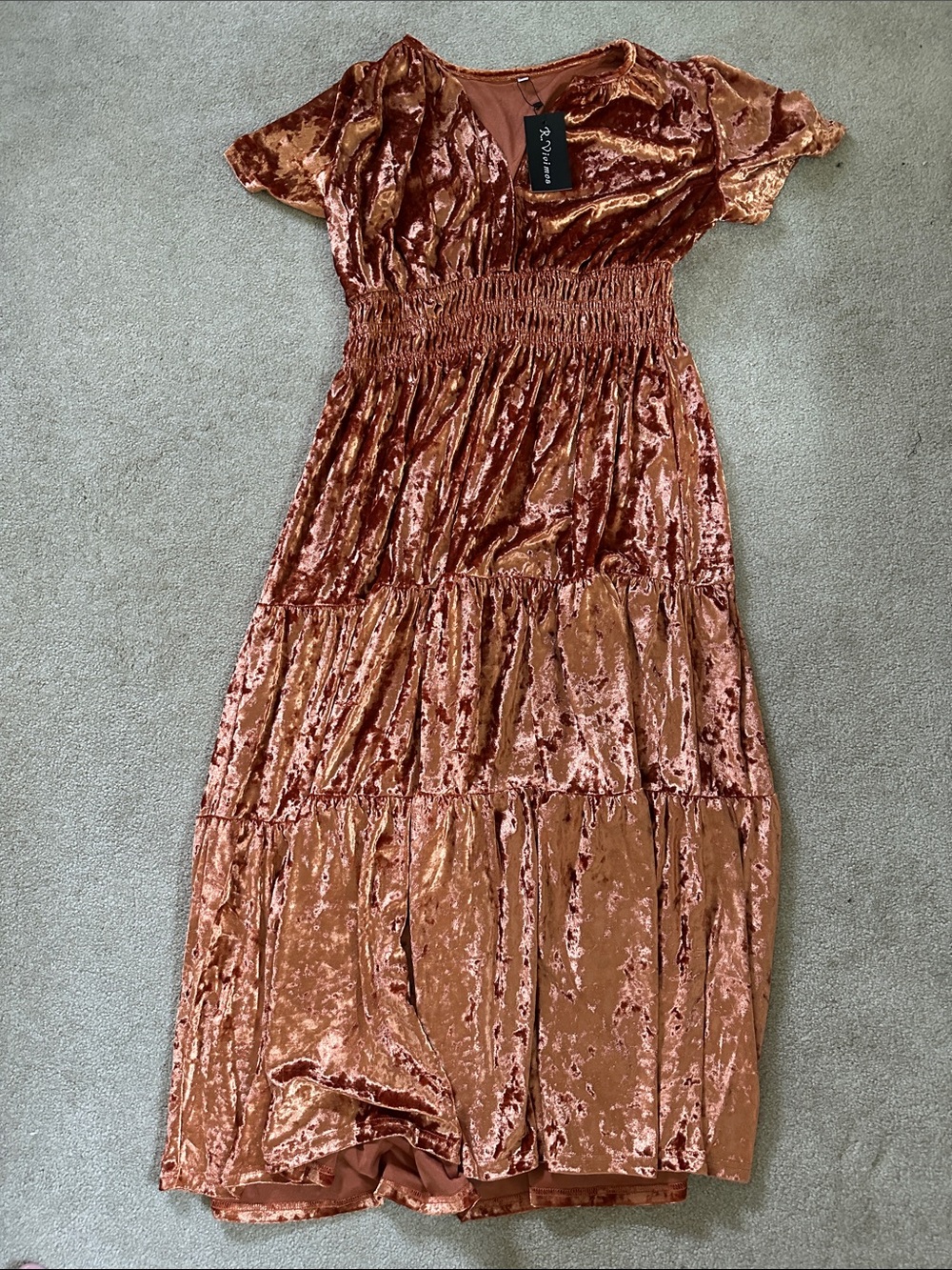Modest Tiered Crushed Velvet Maxi Dress - Orange/Copper Color